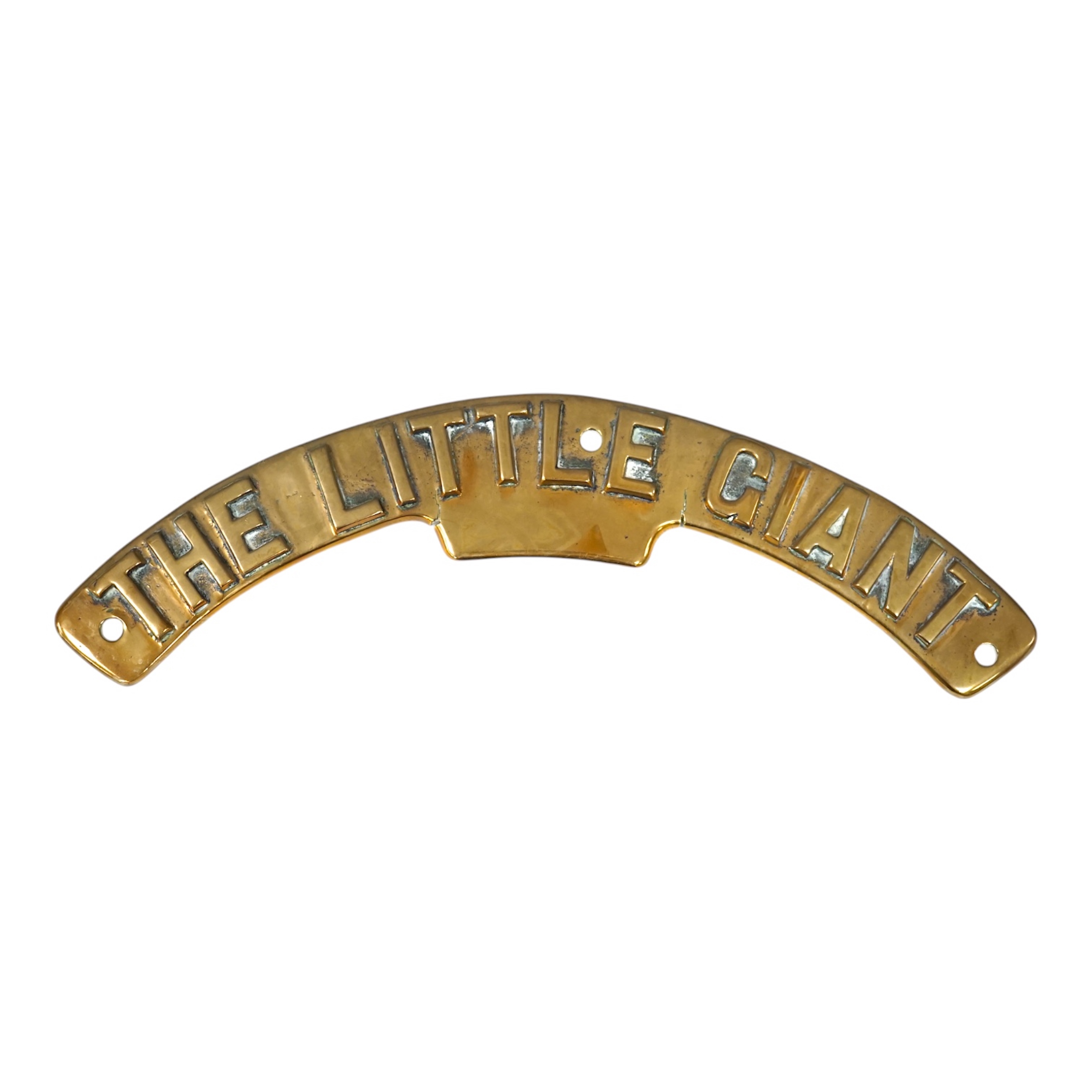 A traction engine brass nameplate, ‘The Little Giant’, 41cm wide, with ‘062’ cast into the reverse. Condition - fair.